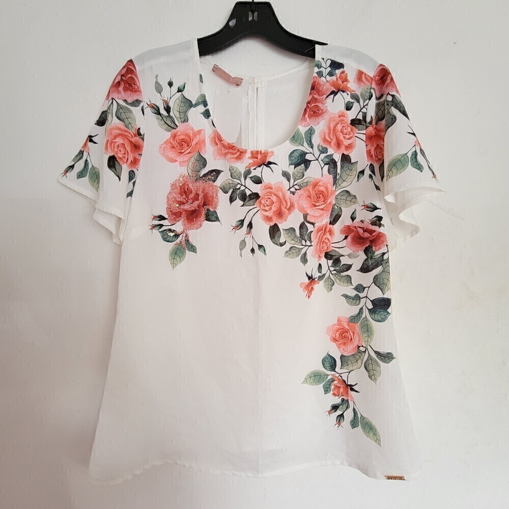 NEW Enfase White Pink Floral Beaded Short Sleeve Keyhole Back Blouse Size Small
